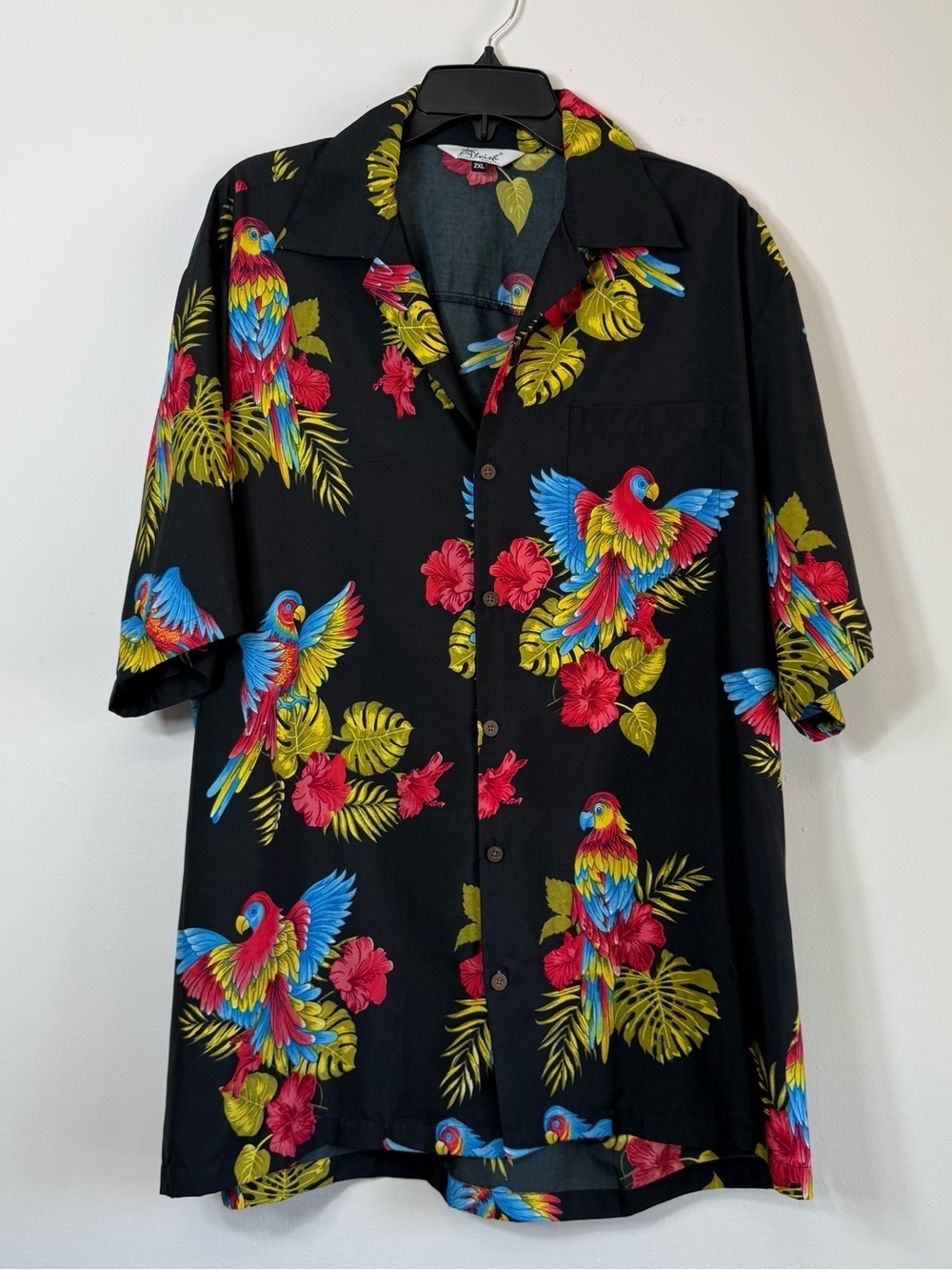 Alvish Men's 2XL Hawaiian Shirt Black Tropical Parrot Hibiscus Floral Aloha Camp